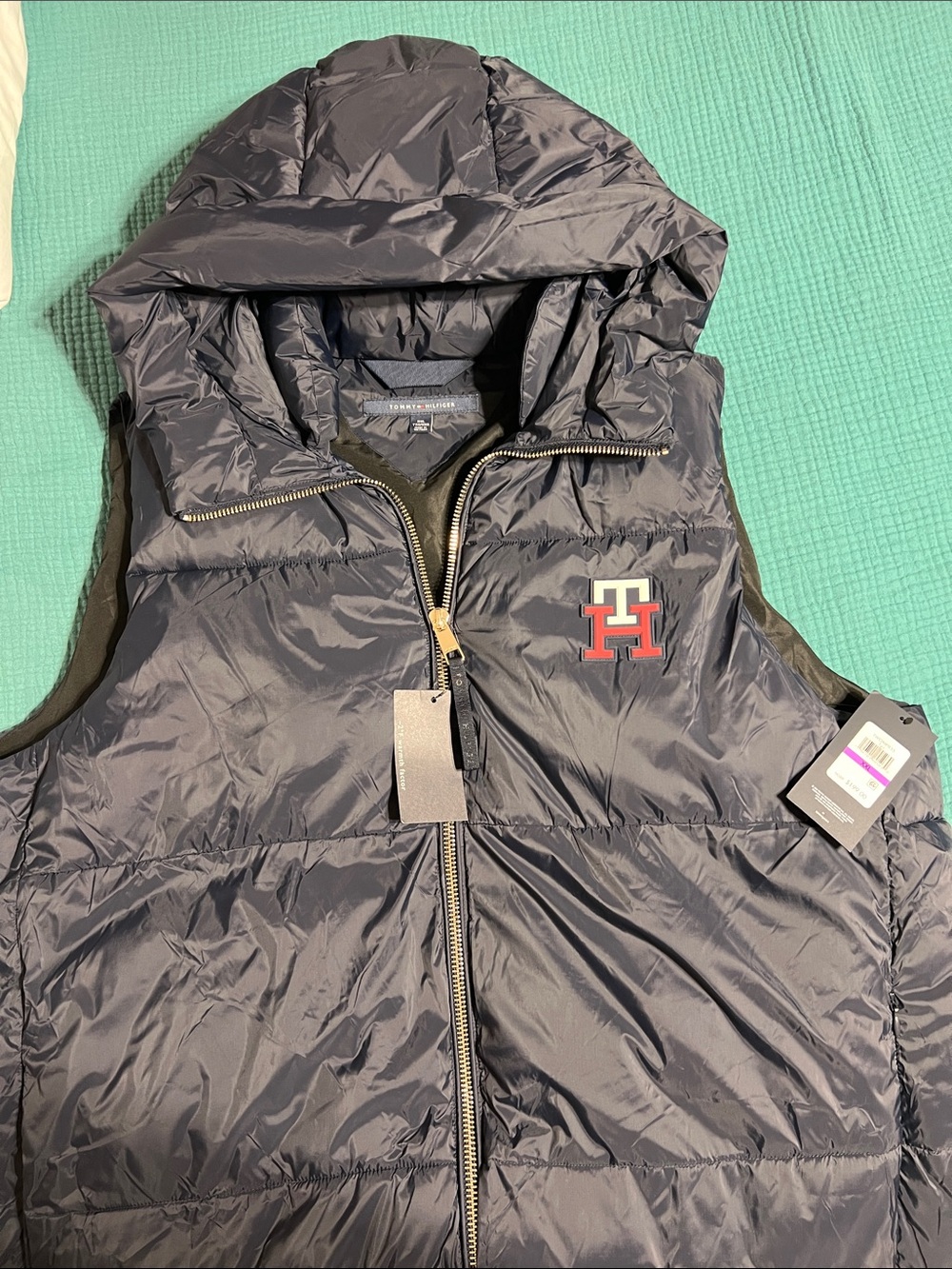 NWT!Tommy Hilfiger Monogram Badge Hooded Puffer Vest Navy Blue Women's Size XXL